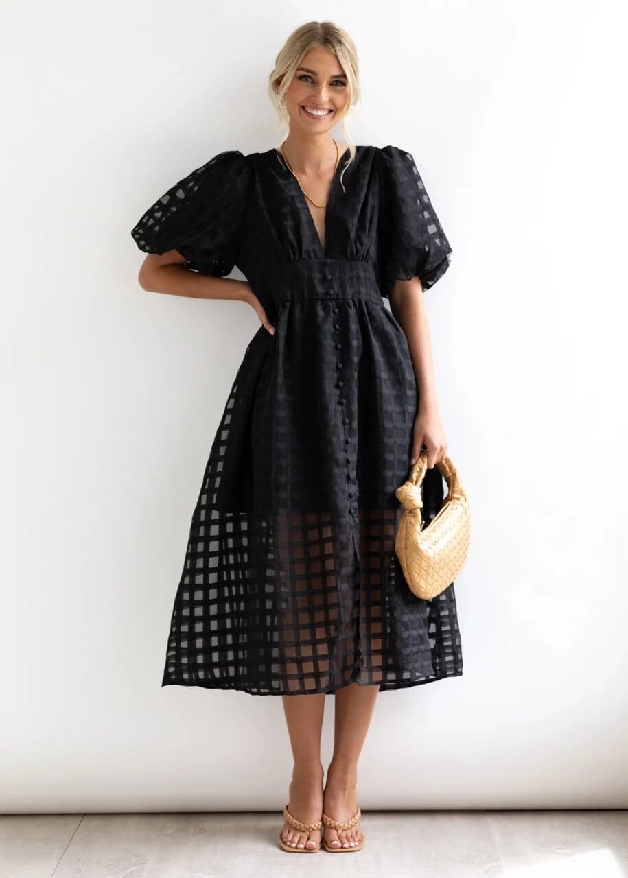 Beauty Square Patterned Fabric Puff Sleeve Midi Dress So-Comfy 