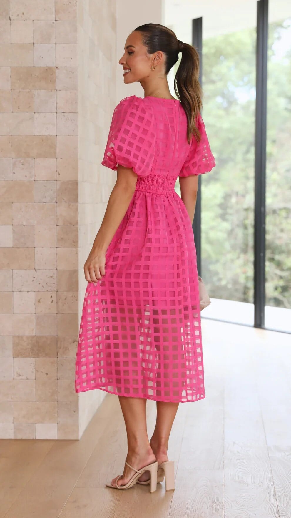 Beauty Square Patterned Fabric Puff Sleeve Midi Dress So-Comfy 