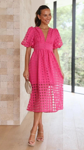 Beauty Square Patterned Fabric Puff Sleeve Midi Dress So-Comfy Rose Red S 