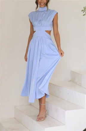 Cutout Waist Pocketed Vacation Midi Dress Casual Comfort Blue S 