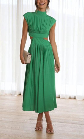 Cutout Waist Pocketed Vacation Midi Dress Casual Comfort Green S 