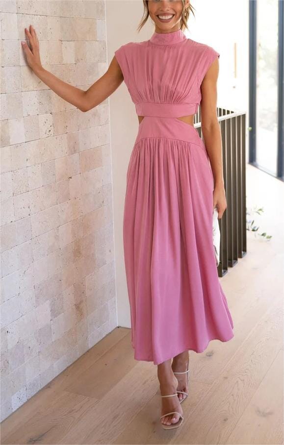 Cutout Waist Pocketed Vacation Midi Dress Casual Comfort Pink S 