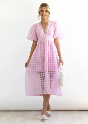 Beauty Square Patterned Fabric Puff Sleeve Midi Dress