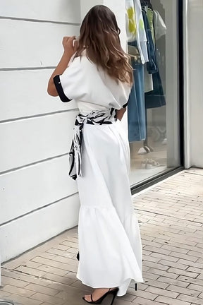 Black & White Ruffle Shirt Collar Long Maxi Dress